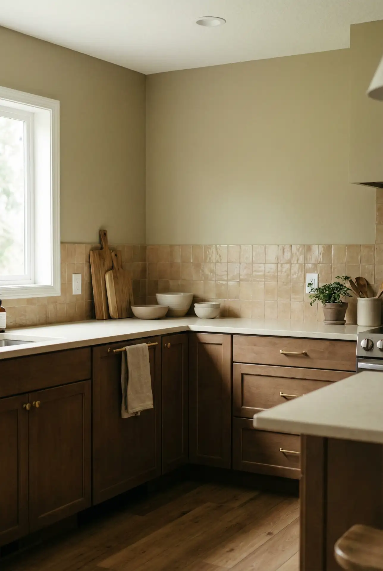 Soft Olive Beige That Flatters Brown Cabinets 1