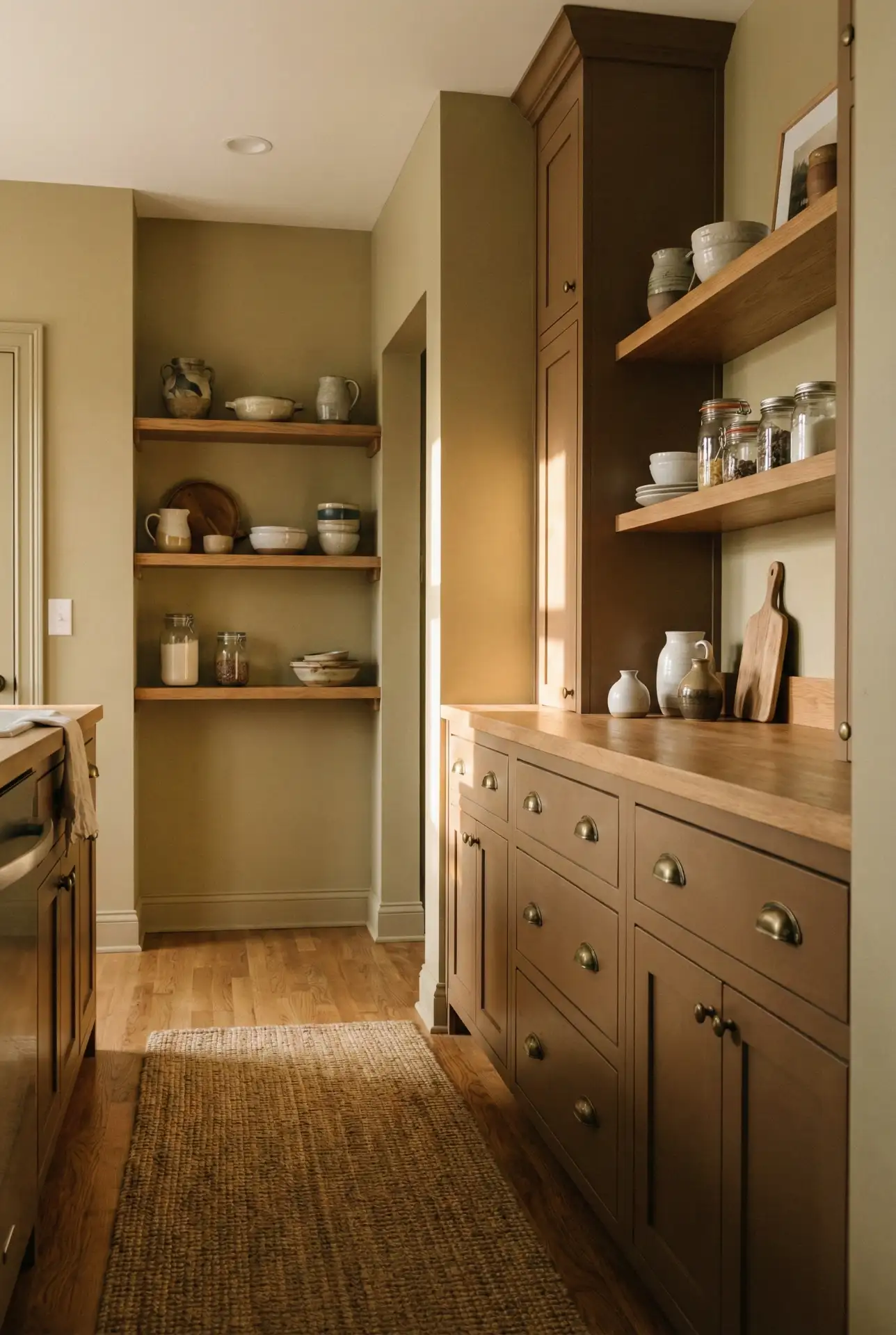 Soft Olive Beige That Flatters Brown Cabinets 2