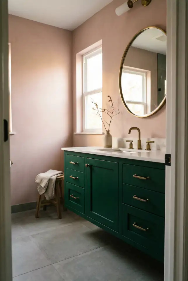 Soft Pink Walls With Dark Green Vanity Depth 1