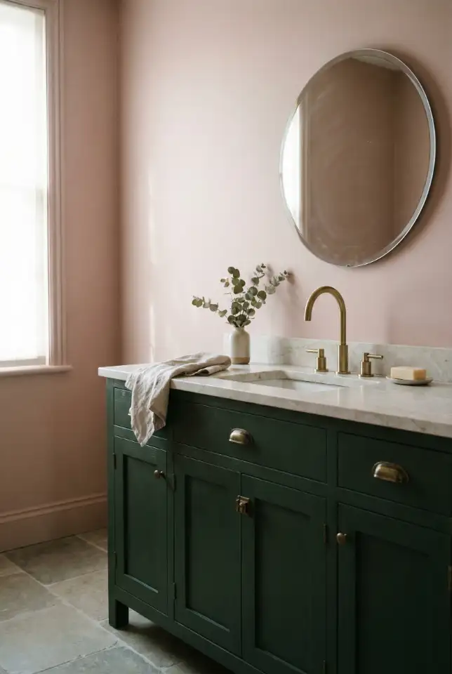 Soft Pink Walls With Dark Green Vanity Depth 2