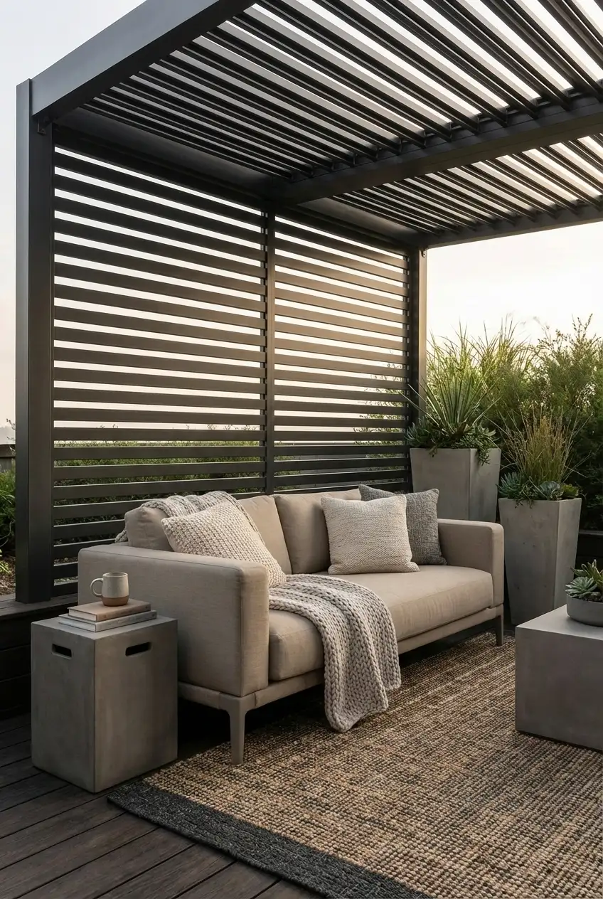 Steel Pergola With Sliding Shade Panels For Harsh Sun 1