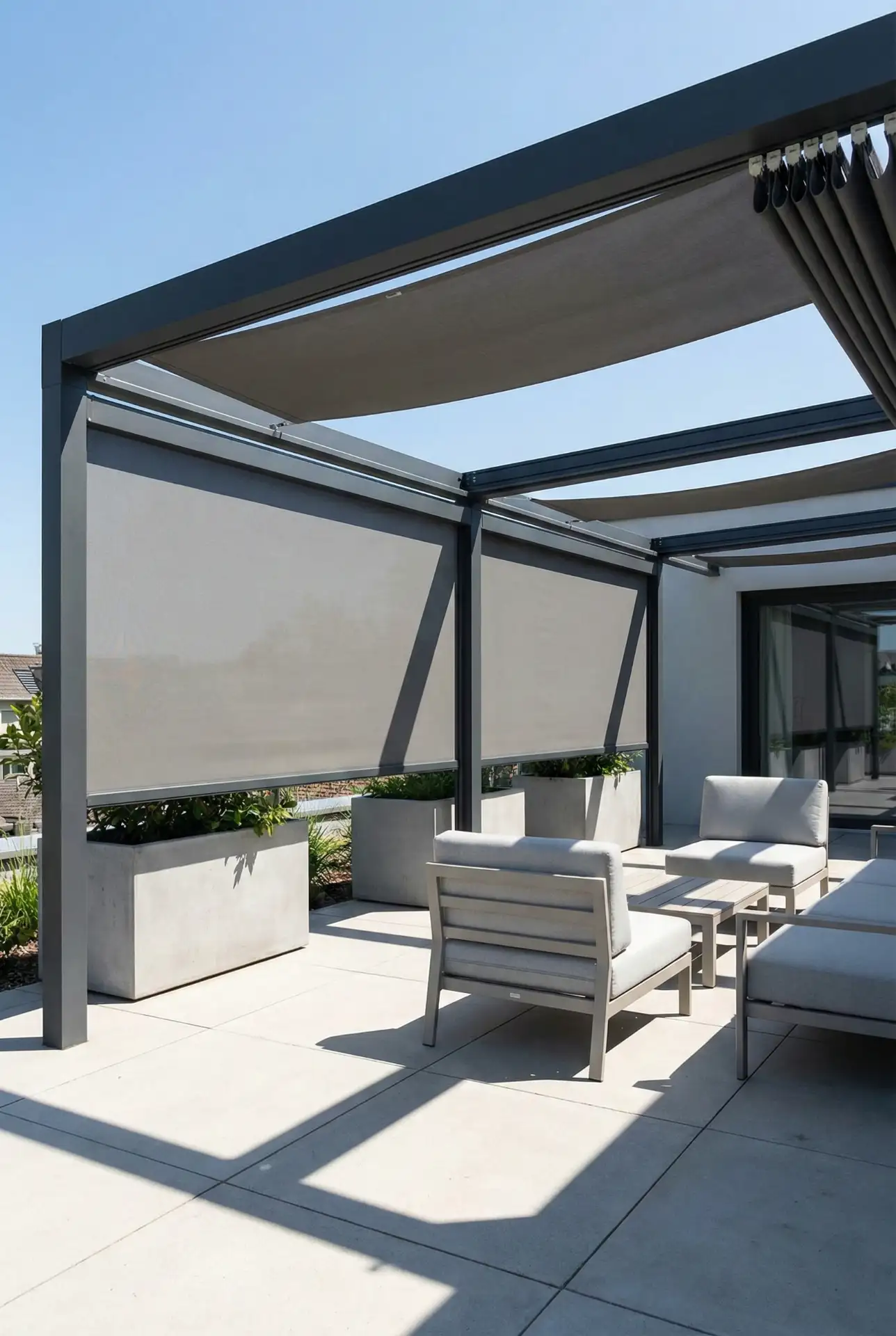 Steel Pergola With Sliding Shade Panels For Harsh Sun 2