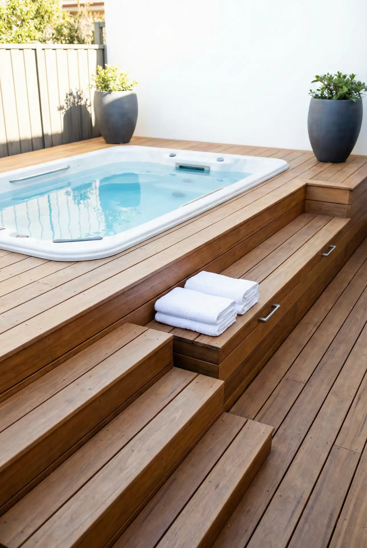 Swim Spa Deck With Built-In Towel Storage Bench 1