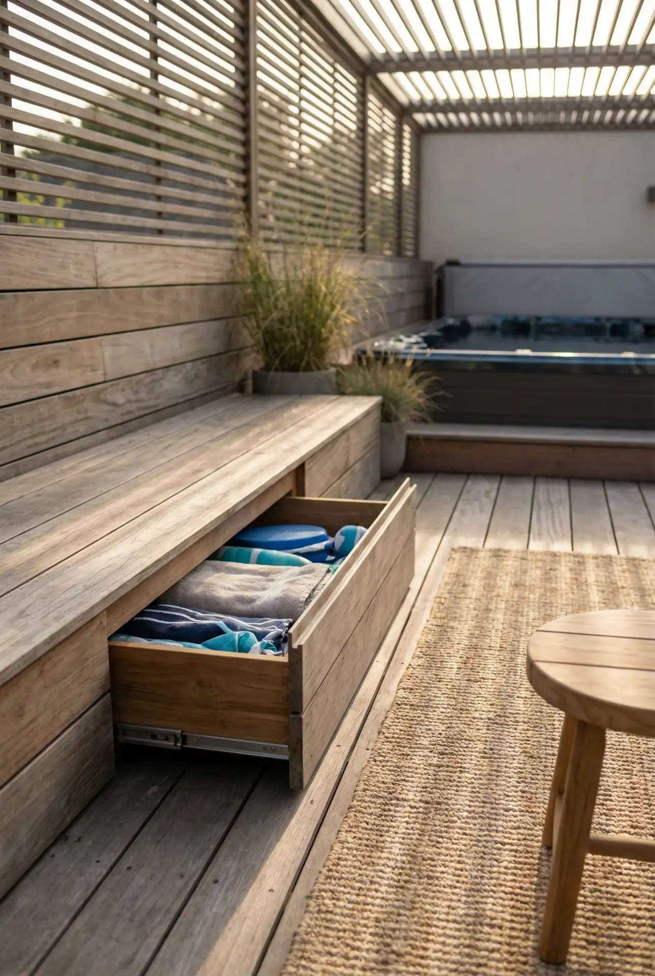 Swim Spa Deck With Built-In Towel Storage Bench 2