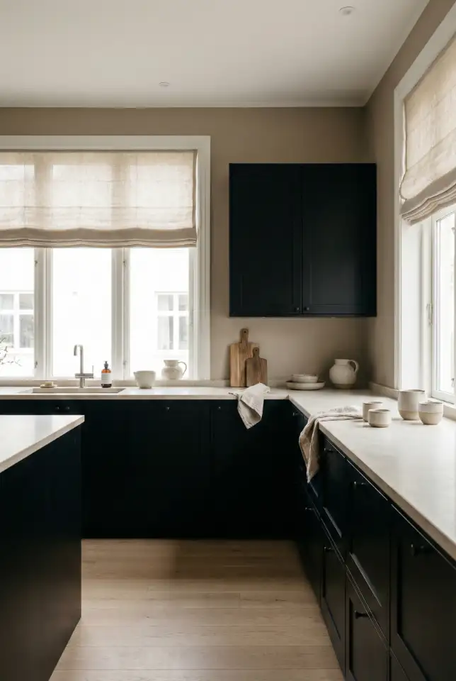Taupe Walls + Black Cabinets For a Soft Modern Blend 1