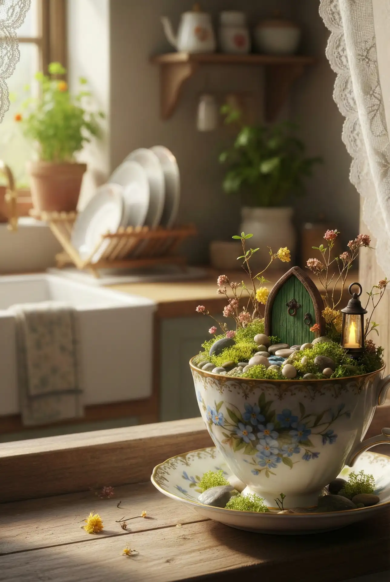 Teacup Windowsill Cottage Scene 2