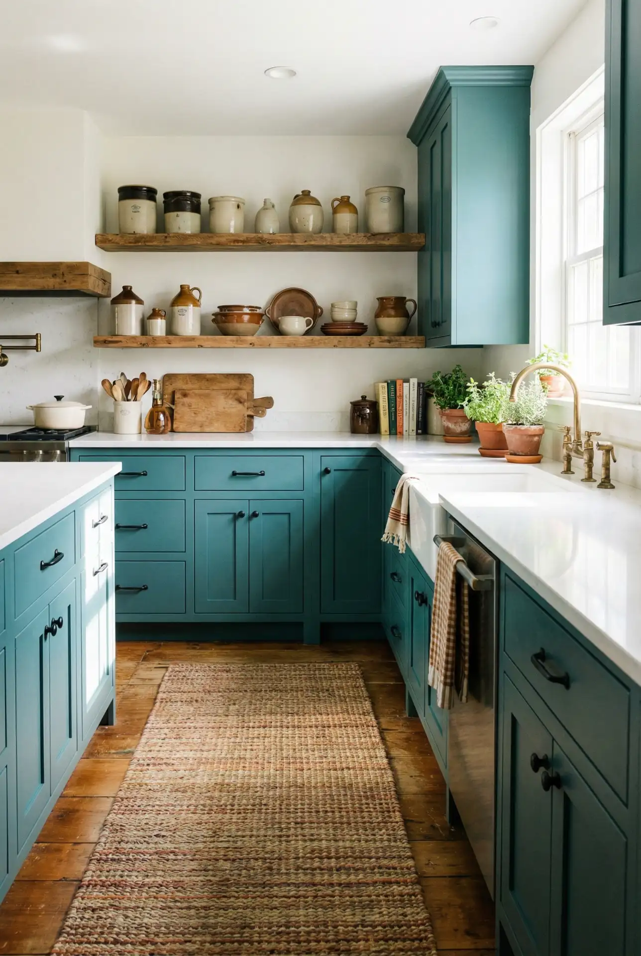 Teal Cabinets Farmhouse With Vintage Decor 2