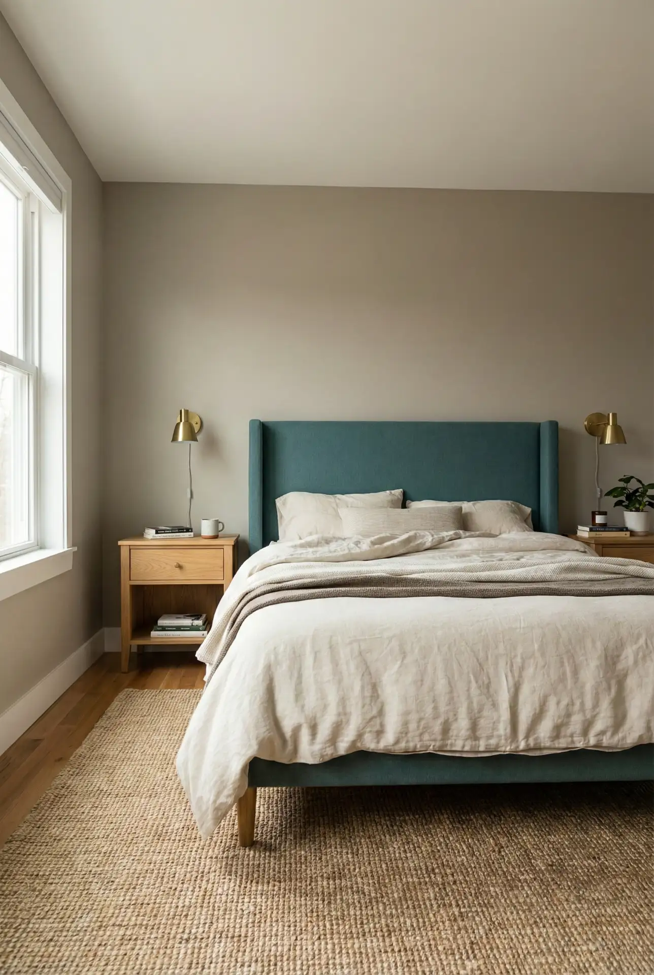 Teal Upholstered Headboard Against Warm Grey Walls 1