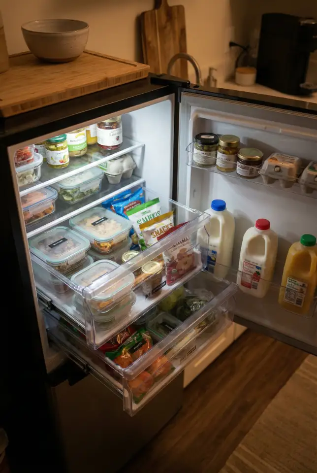 Tiny Apartment Fridge Layout With Sliding Bins 1
