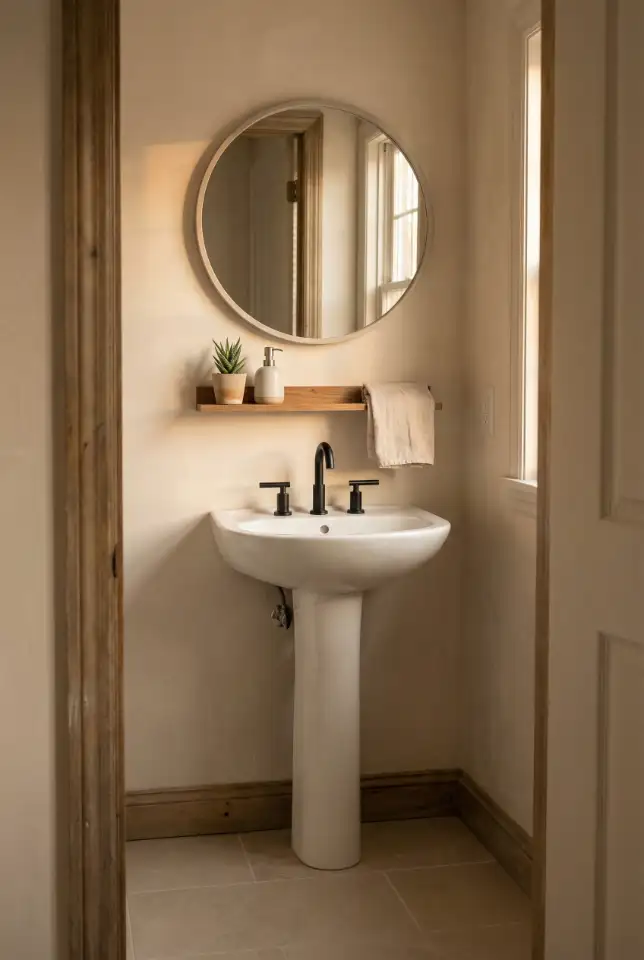 Tiny Half Bath With Pedestal Sink and Bold Round Mirror 1