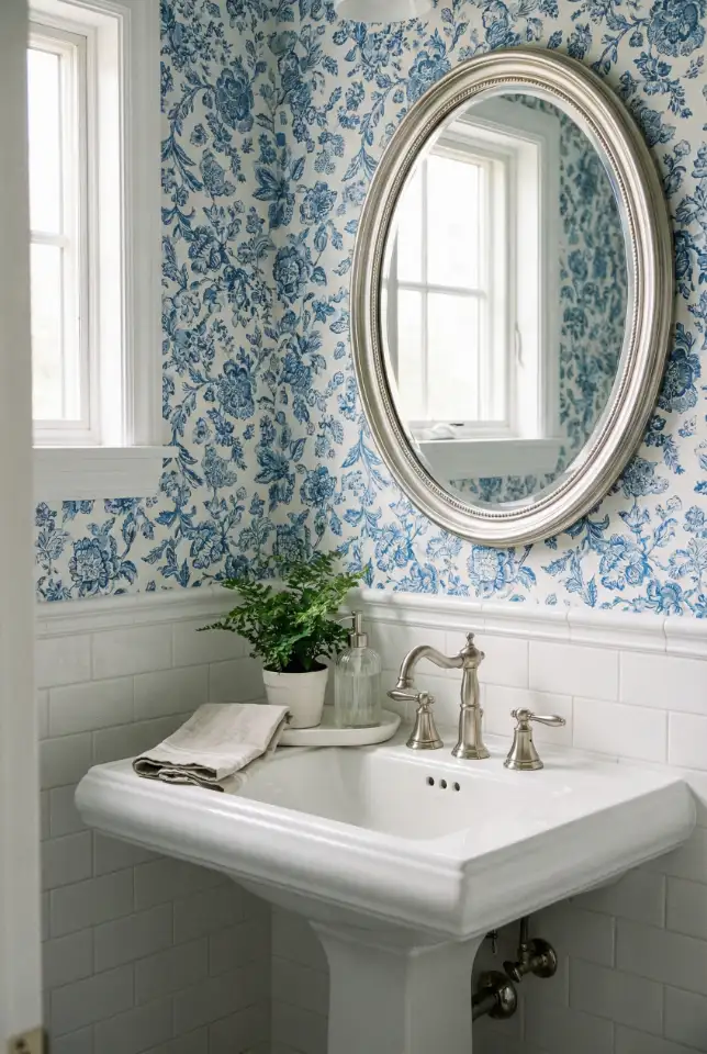 Traditional Blue-and-White Half Bath With Classic Charm 1