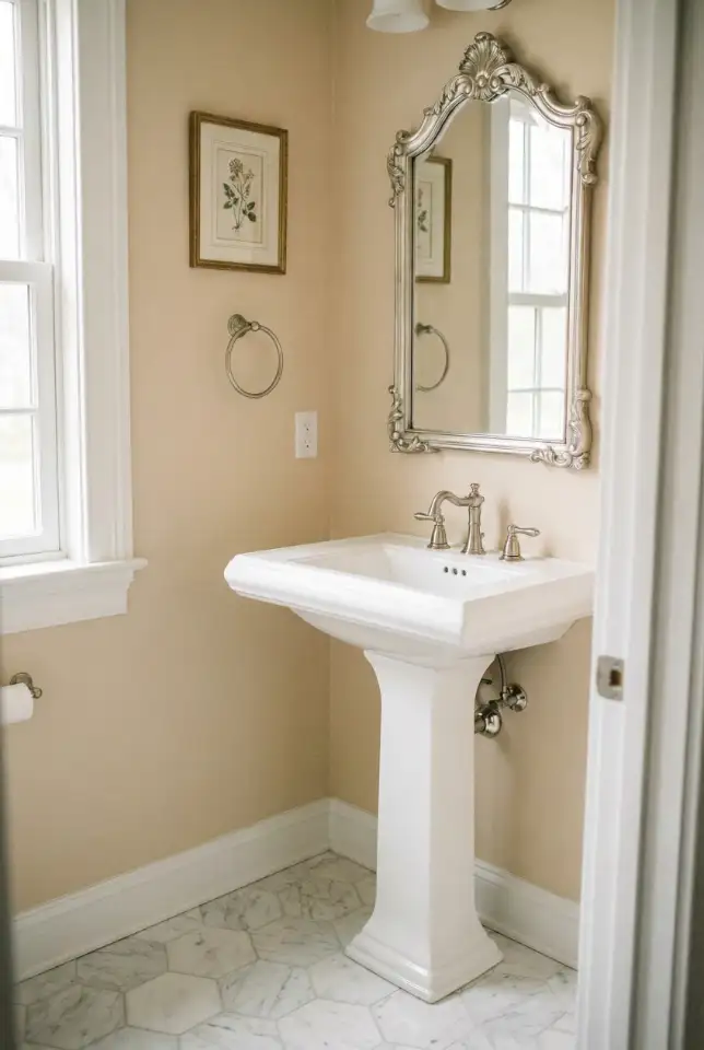 Traditional Half Bath With Pedestal Sink and Classic Colors 2