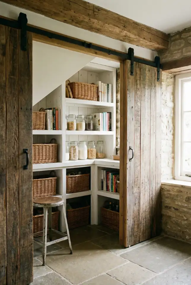 Under-Stairs Pantry With Rustic Wood Doors 2
