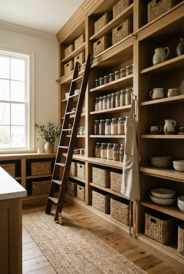 Unique Pantry With Sliding Ladder Storage Wall 1