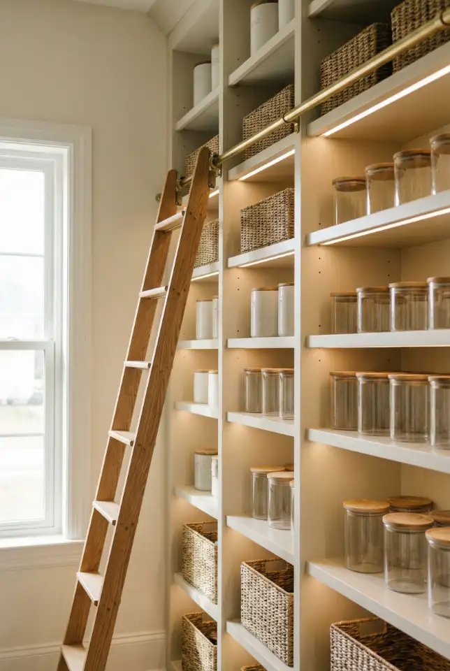 Unique Pantry With Sliding Ladder Storage Wall 2