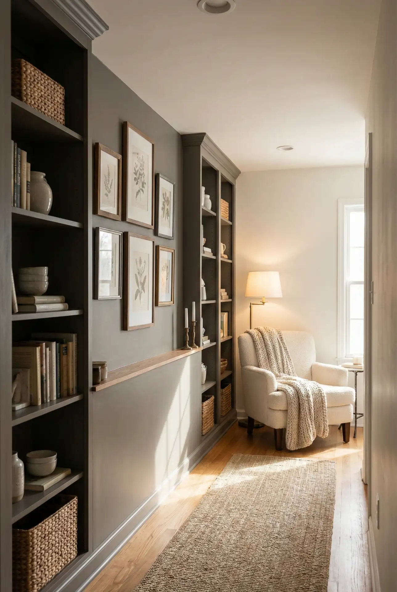 Upstairs Bedroom Hall Reading Nook With Grey Built-Ins 1