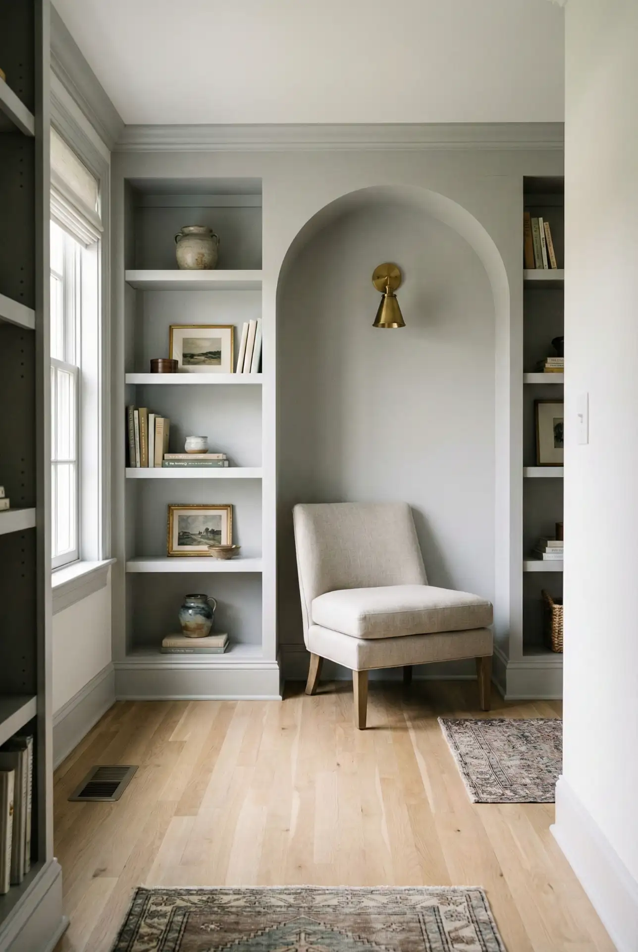 Upstairs Bedroom Hall Reading Nook With Grey Built-Ins 2