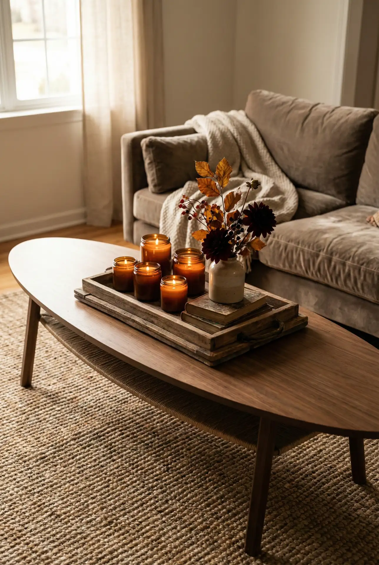 Warm Autumn Oval Table with Layered Wooden Accents 1