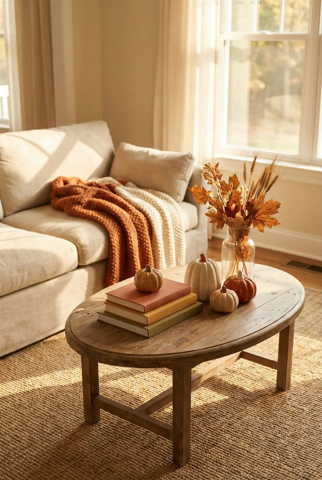 Warm Autumn Oval Table with Layered Wooden Accents 2