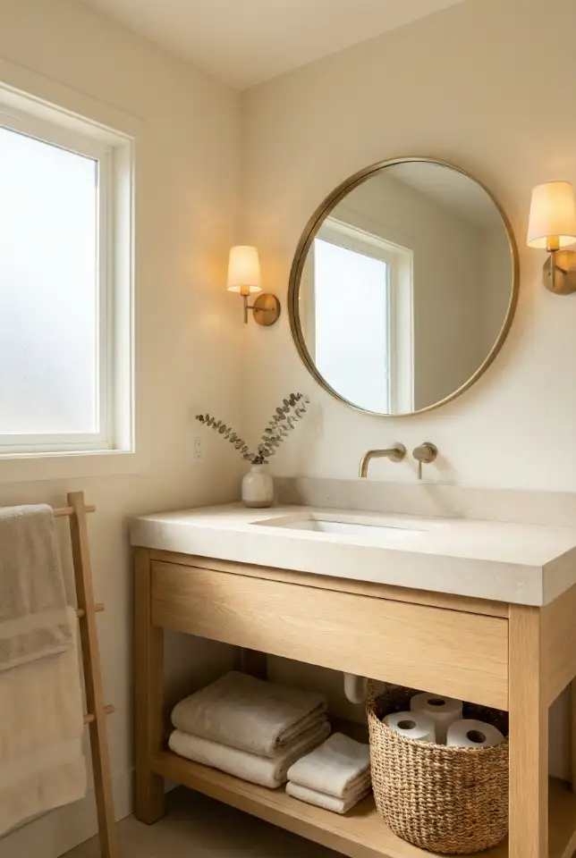 Warm Neutral Guest Bathroom With Soft Lighting Layers 1
