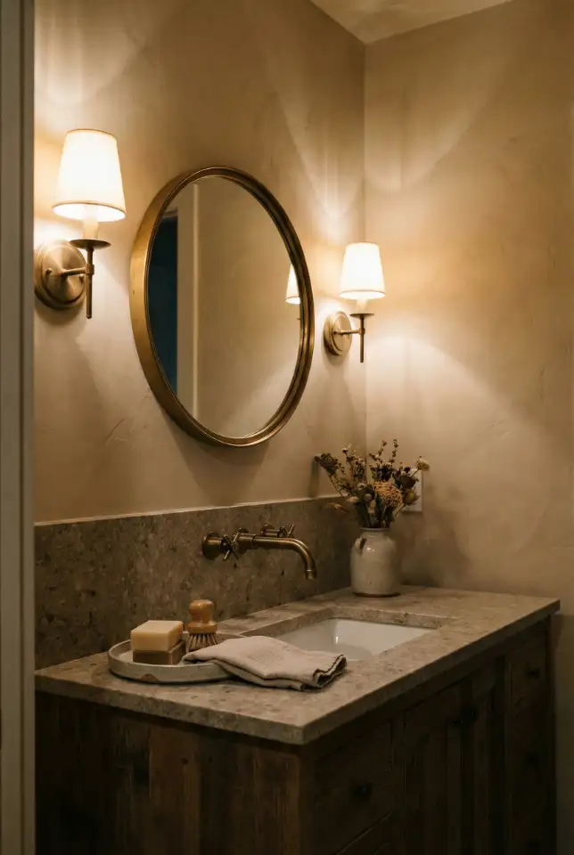 Warm Neutral Guest Bathroom With Soft Lighting Layers 2
