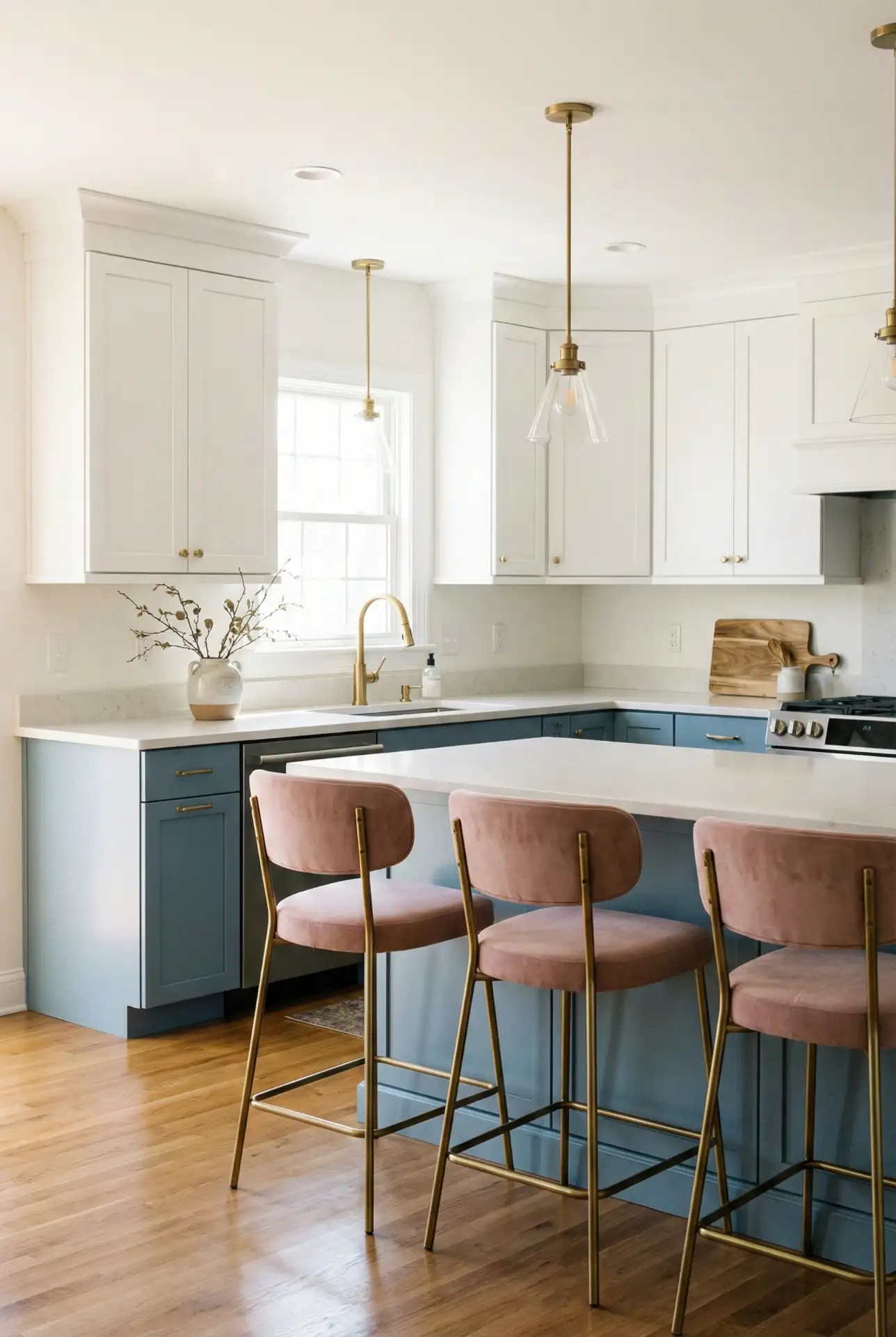White And Blue Cabinets With Dusty Pink Island Stools 1