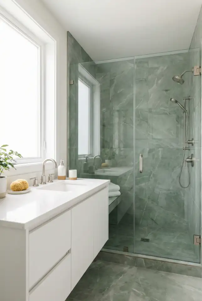 White And Green Marble Look Bathroom With Clean Luxury 2