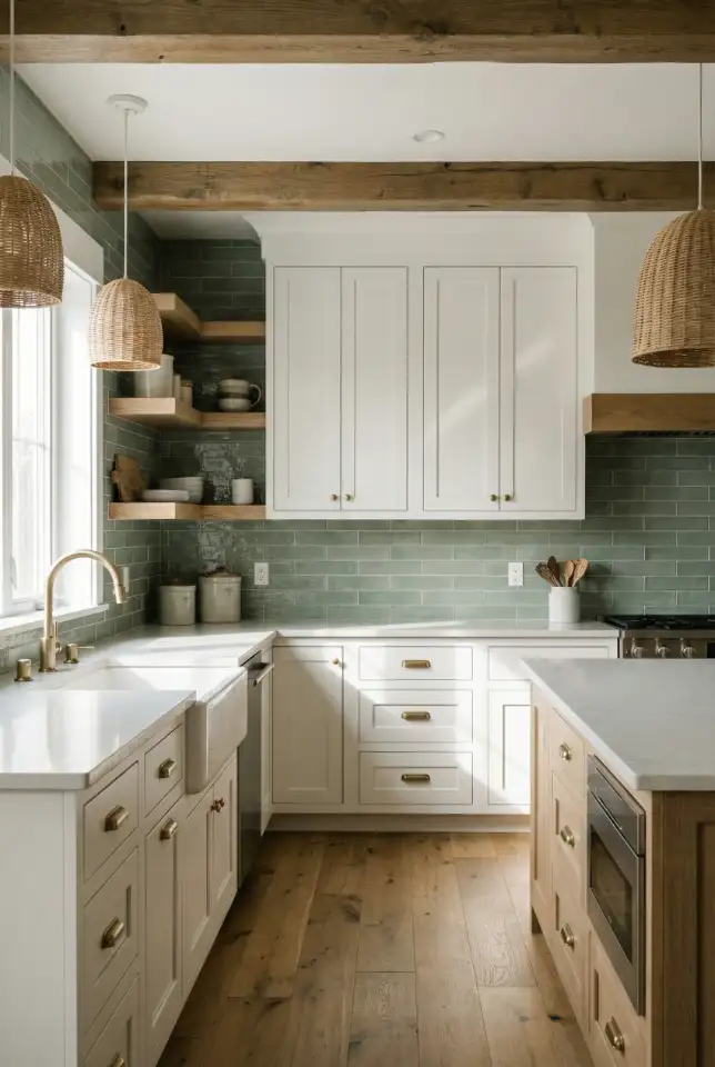 White Cabinets With Sage Green Accents 1