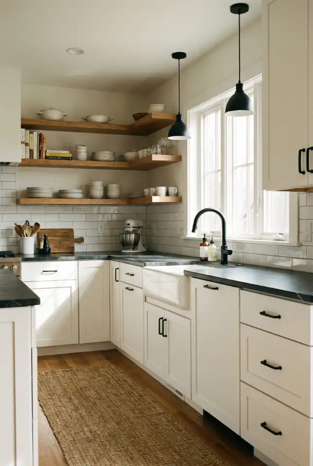 White Kitchen With Black and Wood Contrast 1