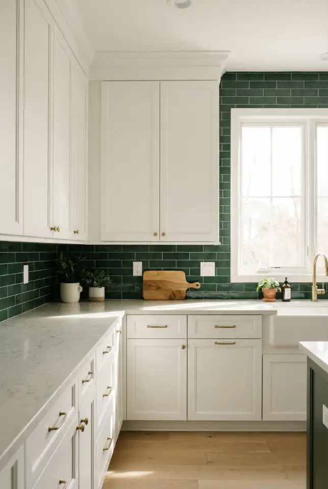 White Kitchen With Green Backsplash Focus 1