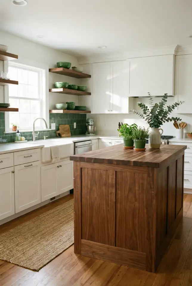 White Kitchen With Green and Wood Harmony 1