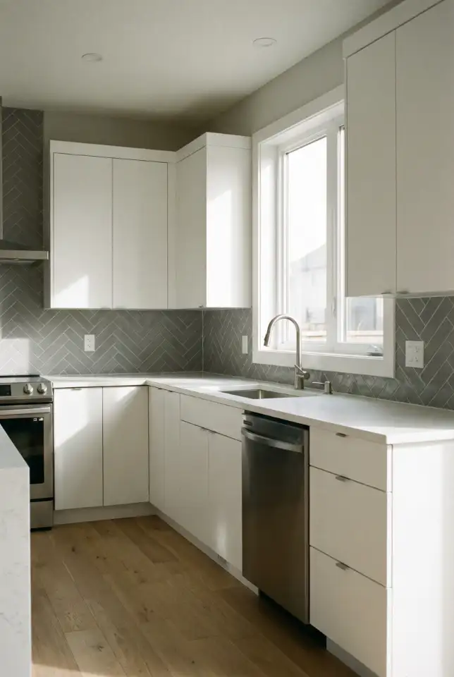 White Kitchen With Grey Backsplash 1