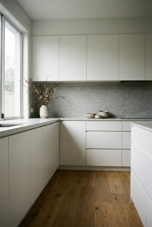 White Kitchen With Grey Backsplash 2
