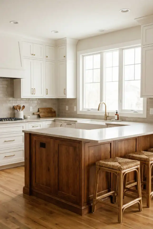 White Kitchen With Warm Wood Island 2