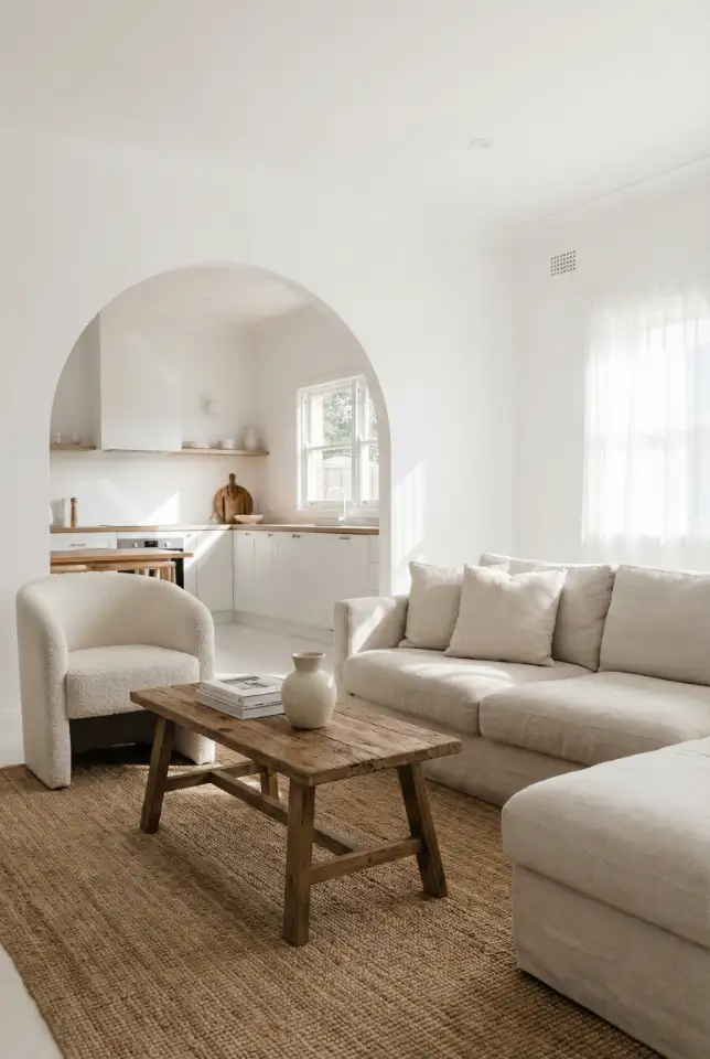 White Living Room And Kitchen With Warm Contrast 1