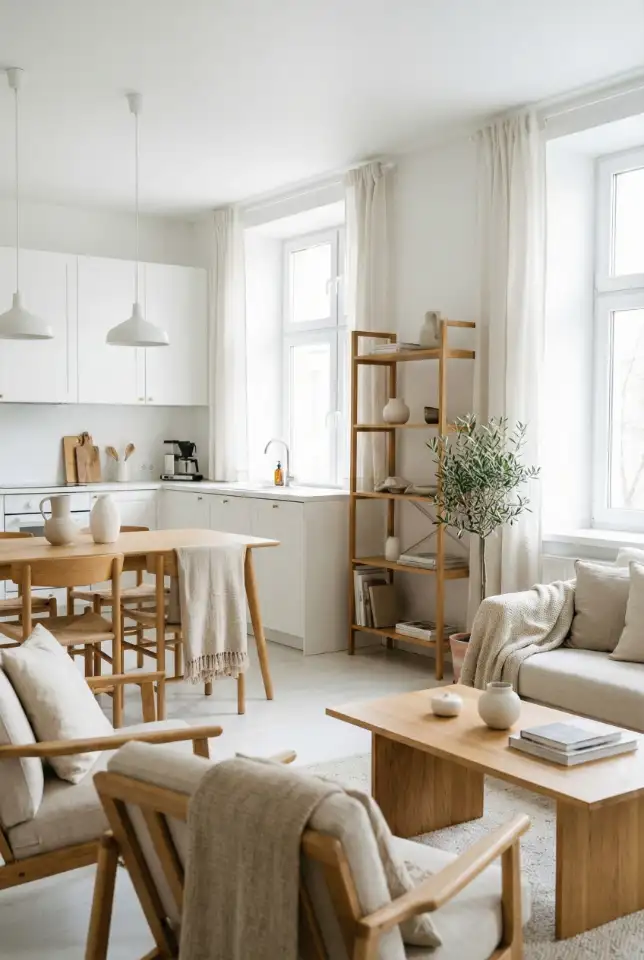 White Living Room And Kitchen With Warm Contrast 2