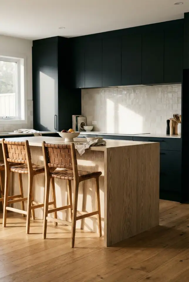 White Oak Island With Black Perimeter Cabinets 1