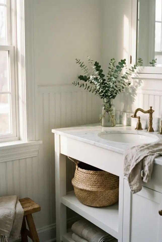 White Timeless Bathroom With Classic Wainscoting 1