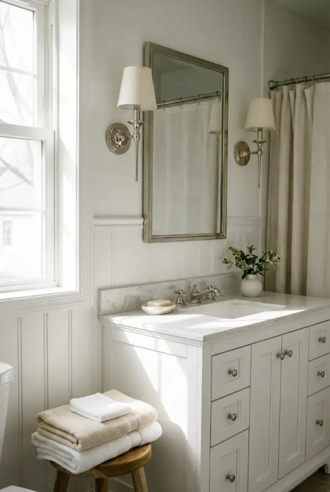 White Timeless Bathroom With Classic Wainscoting 2
