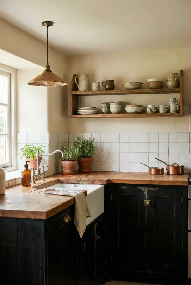 Wood Countertops + Black Cabinets In a Cozy Cottage Kitchen 1