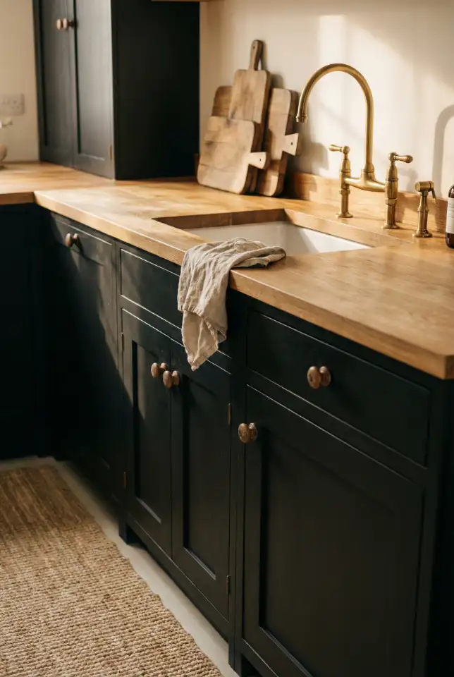 Wood Countertops + Black Cabinets In a Cozy Cottage Kitchen 2