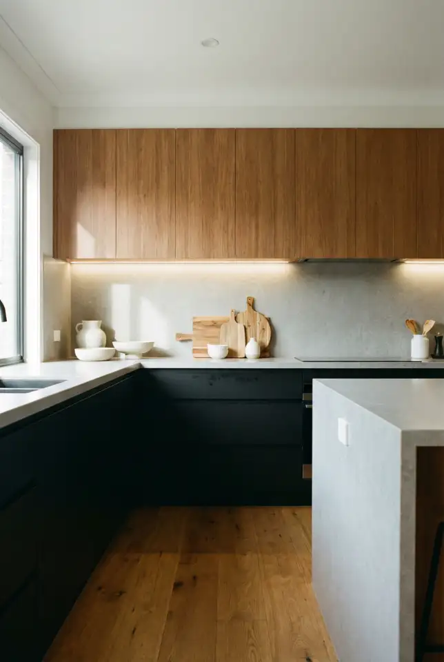 Wood and Black Cabinets With Mixed Materials for a Designer Layered Look 1