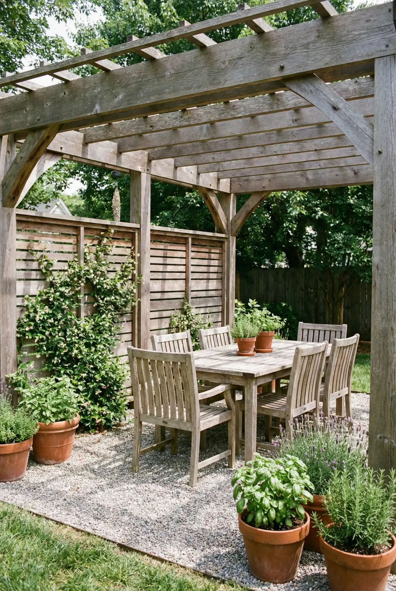Wooden Pergola With Half Privacy Wall For A Garden Dining Nook 1
