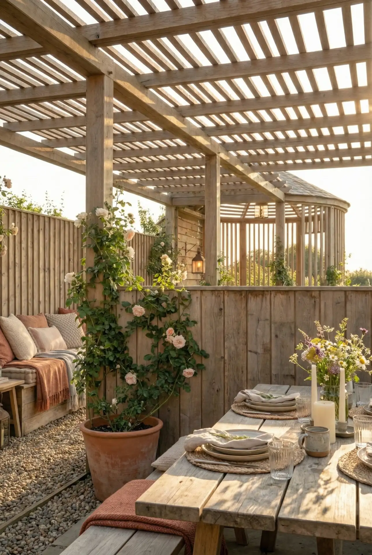Wooden Pergola With Half Privacy Wall For A Garden Dining Nook 2