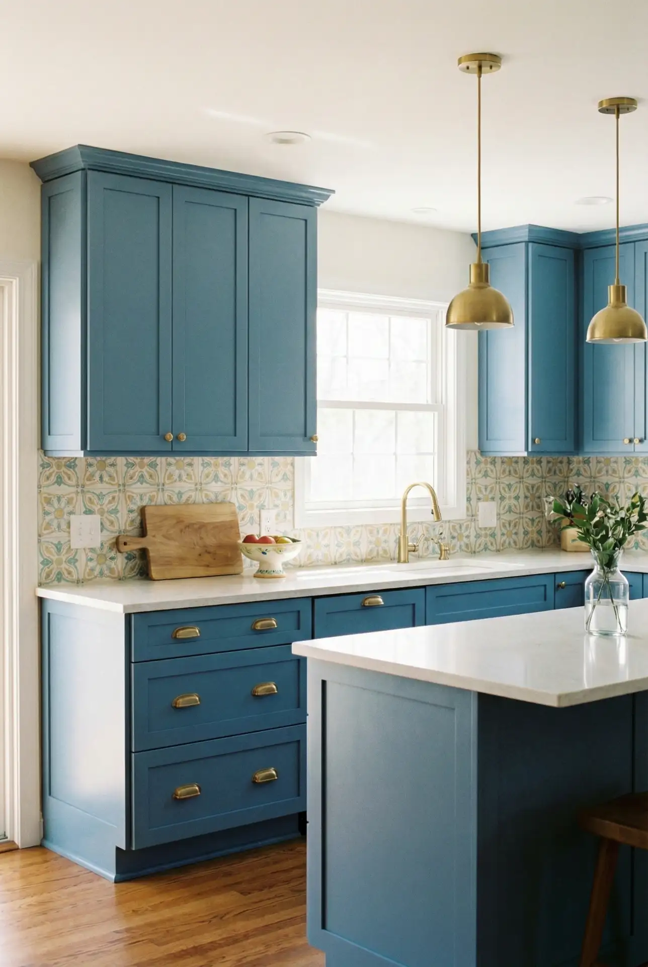 Yellow And Teal Tile Backsplash With Blue Cabinets 1