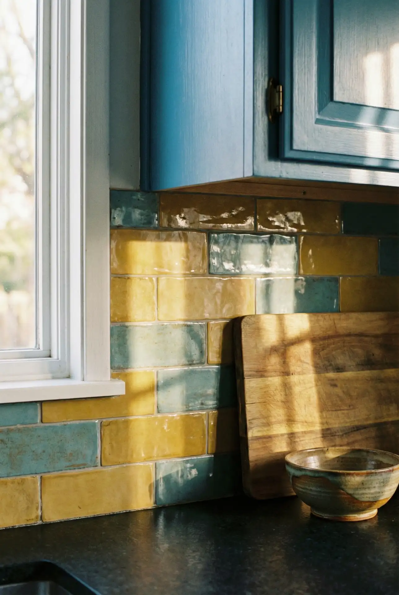 Yellow And Teal Tile Backsplash With Blue Cabinets 2