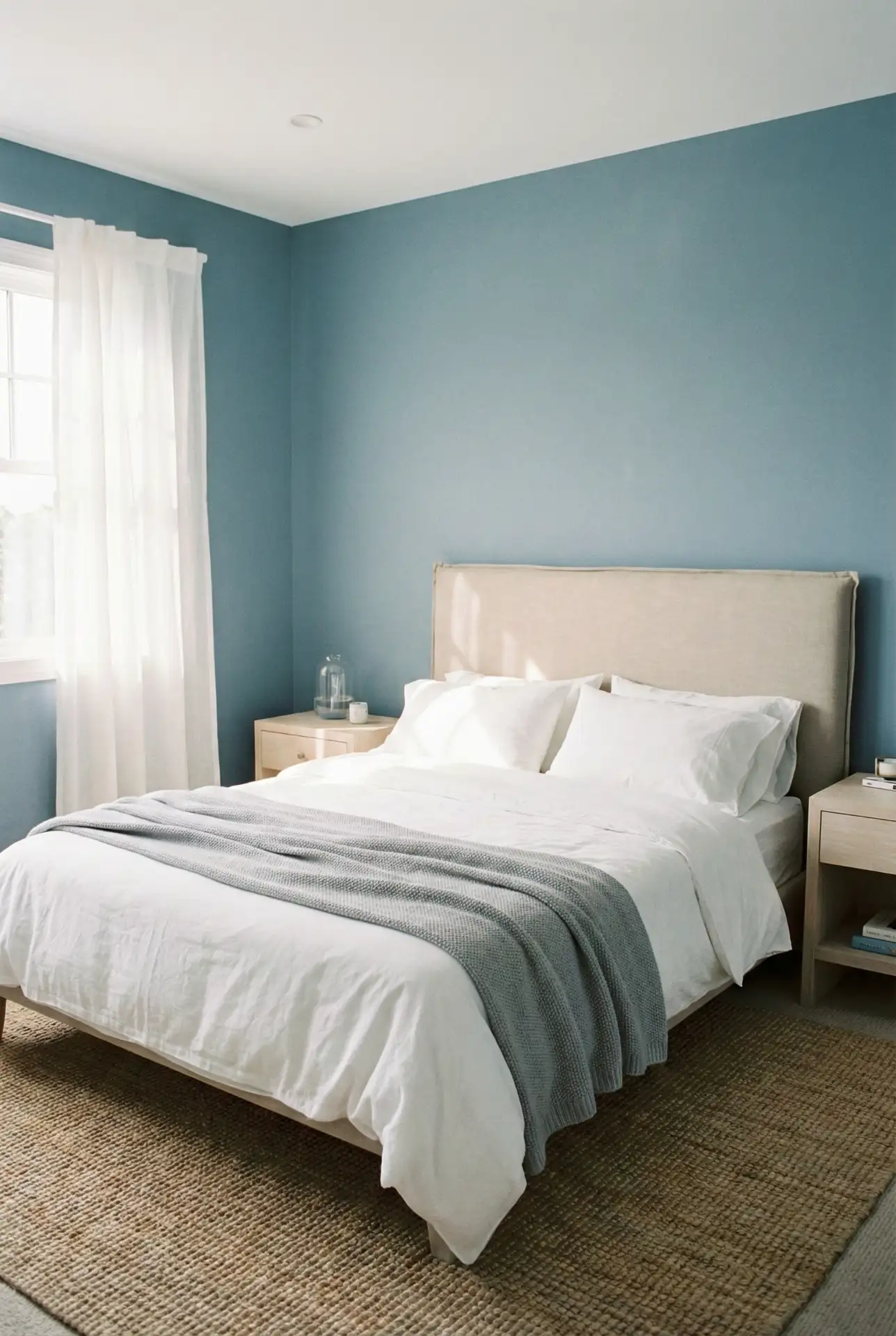 Blue Coastal Ease With A Beige Headboard And Soft Grey Details 1