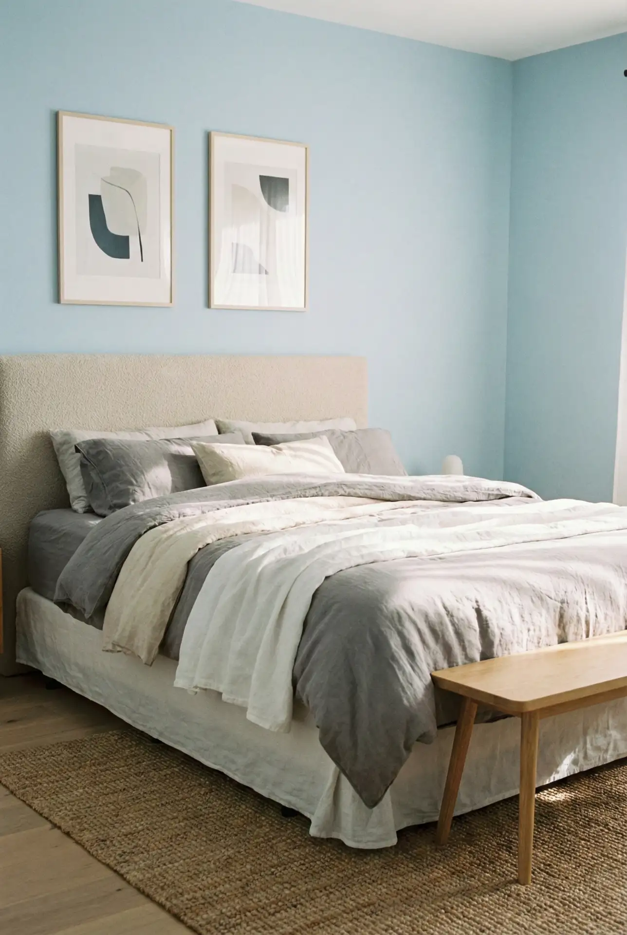 Blue Coastal Ease With A Beige Headboard And Soft Grey Details 2