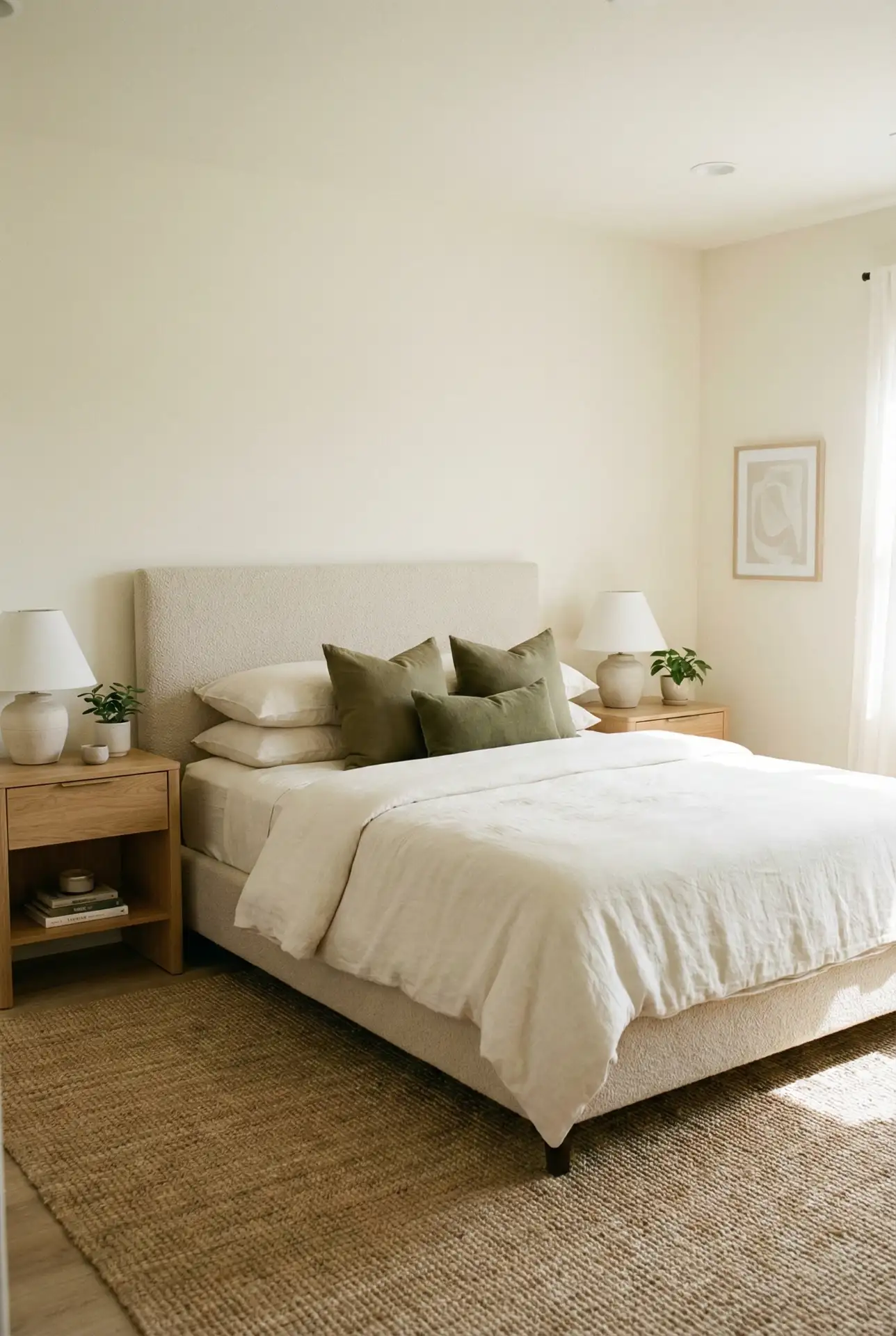 Cozy Neutral Canvas With A Beige Headboard And Olive Accents 2