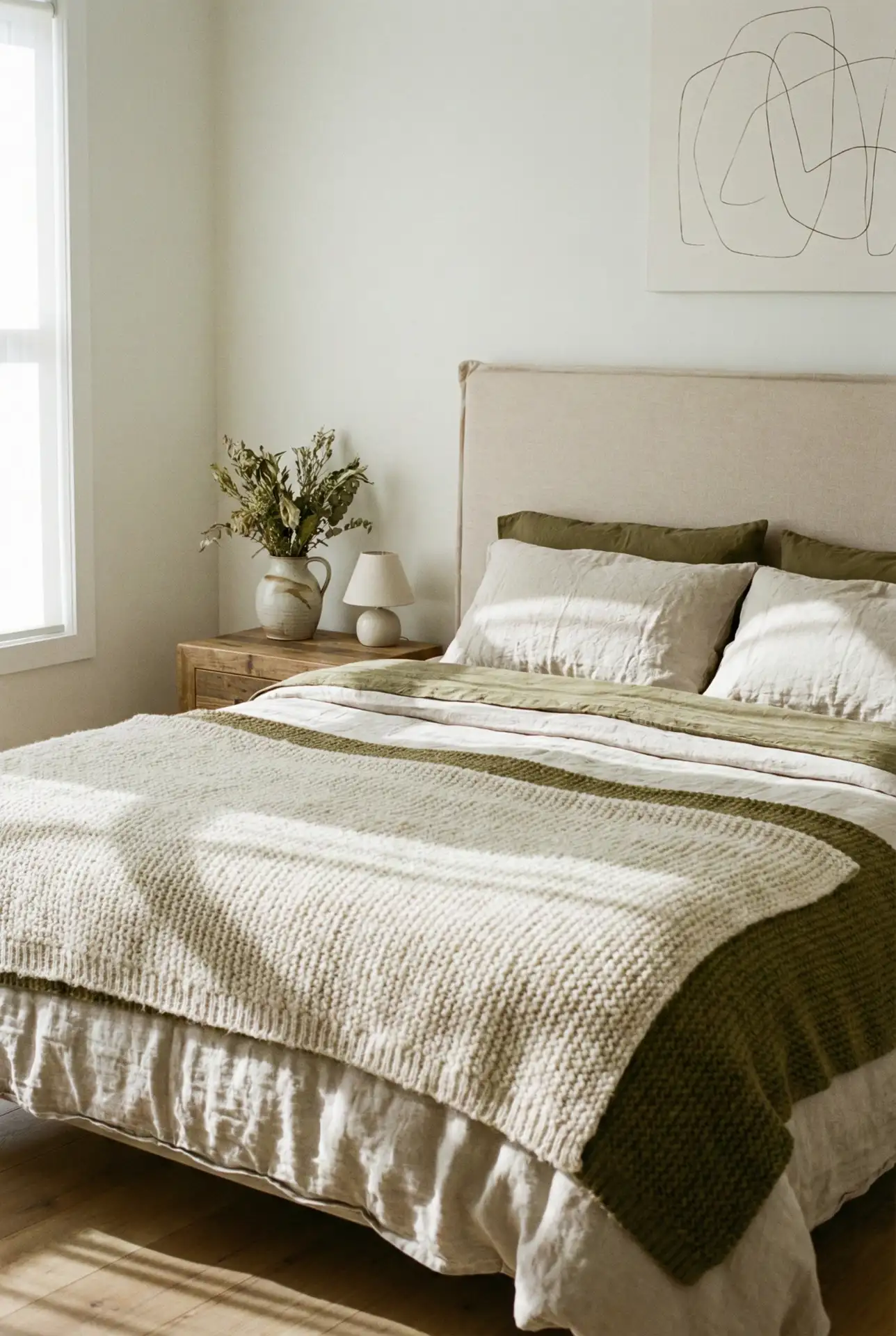 Cozy Olive Neutrals With A Beige Headboard For Easy Layering 1